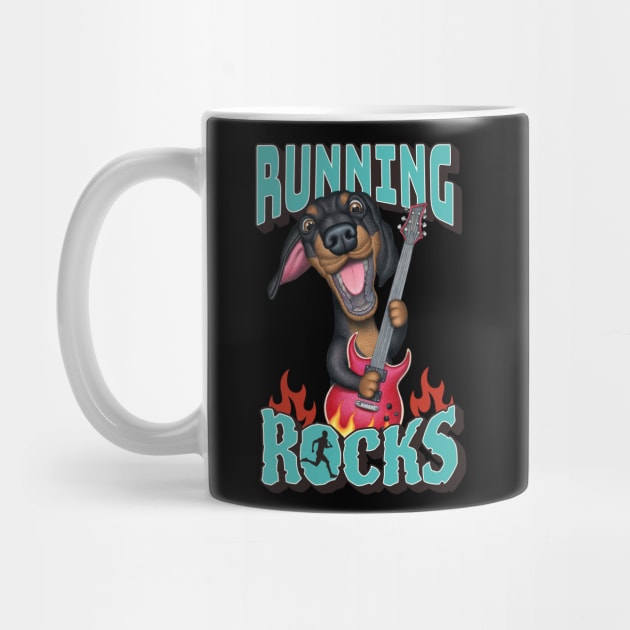 Cute Doxie Dachshund Dog with guitar on Running Rocks tee by Danny Gordon Art